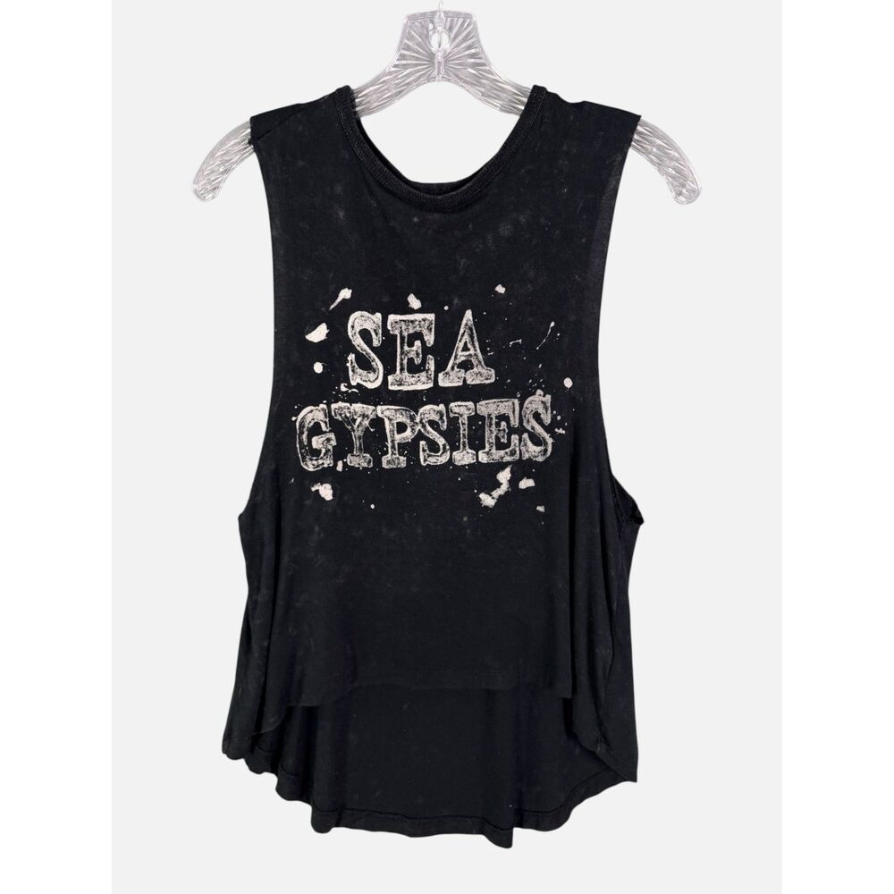 Sea Gypsies Black Mineral Wash Graphic Muscle Tank High Low Hem Size S